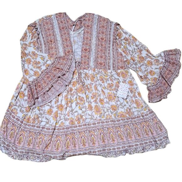 Free People Moonlight Dance Women's Printed Boho Tunic Top Ivory Combo Floral M - Picture 2 of 11